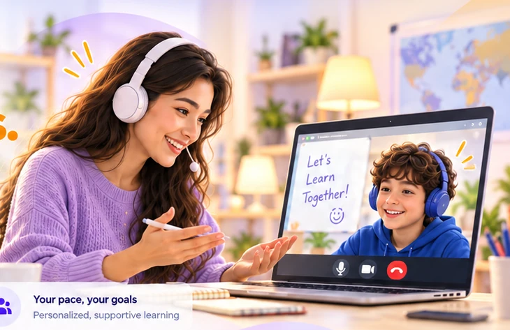 Tutor teaching a student through a laptop video call